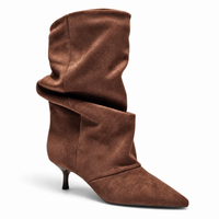 Brown suede slouch bootie with pointed toe and kitten heel