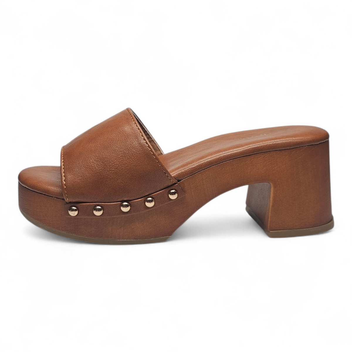 Brown leather clog shoe with studded details on a white background