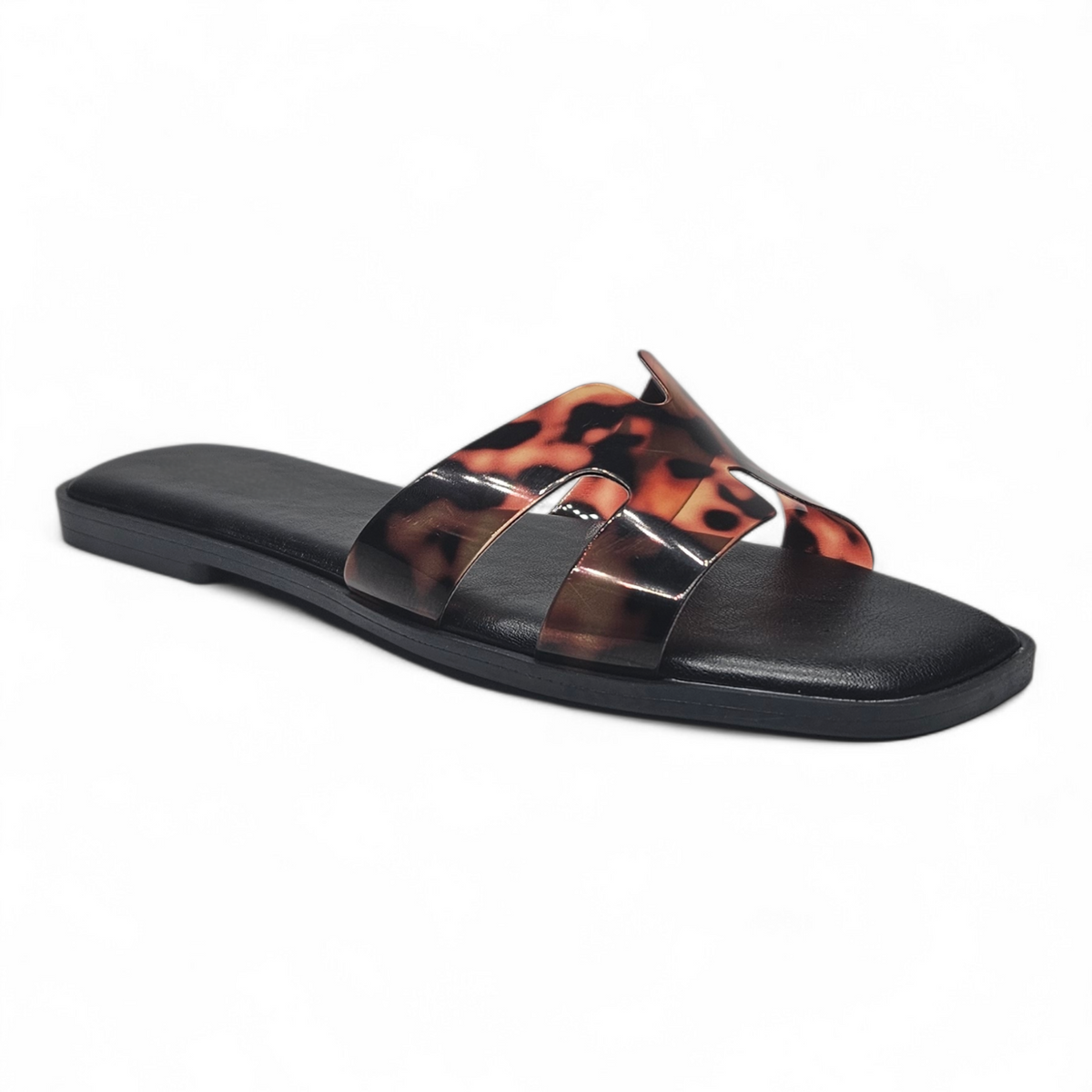 Tortoise H Band Slide Sandals on a white background