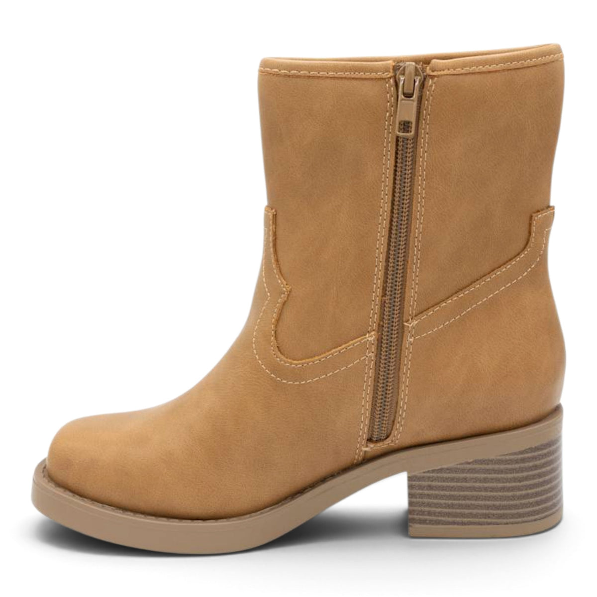Tan mid-calf booties with side zipper, stitched western-style curves, block heel