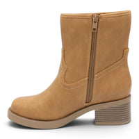 Tan mid-calf booties with side zipper, stitched western-style curves, block heel