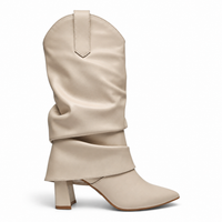 Ivory fold-over western boots with pointed toe and mid block heel