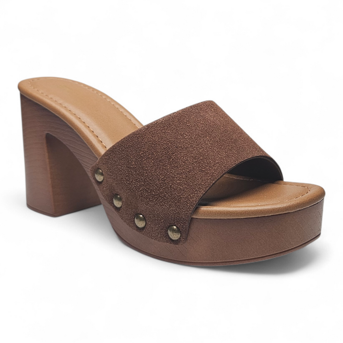 Brown suede sandal with a wooden heel on a white background