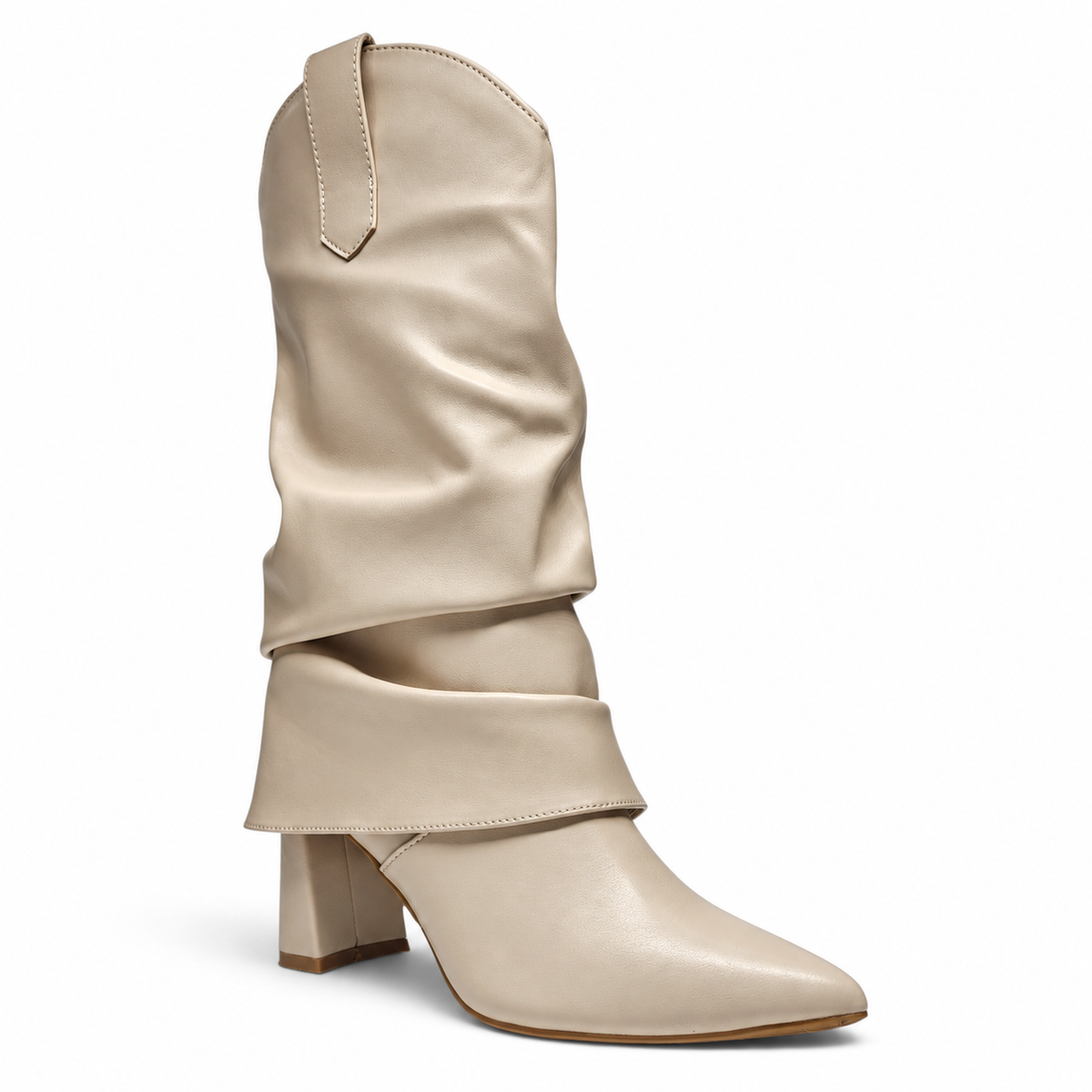 Ivory fold-over western boots with pointed toe and low block heel