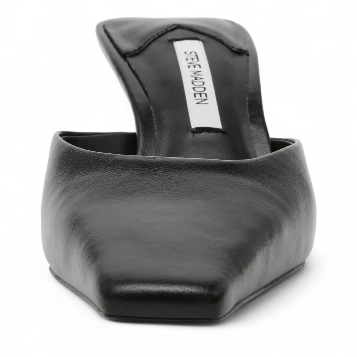 Black leather mule shoe with 'Steve Madden' branding on a white background