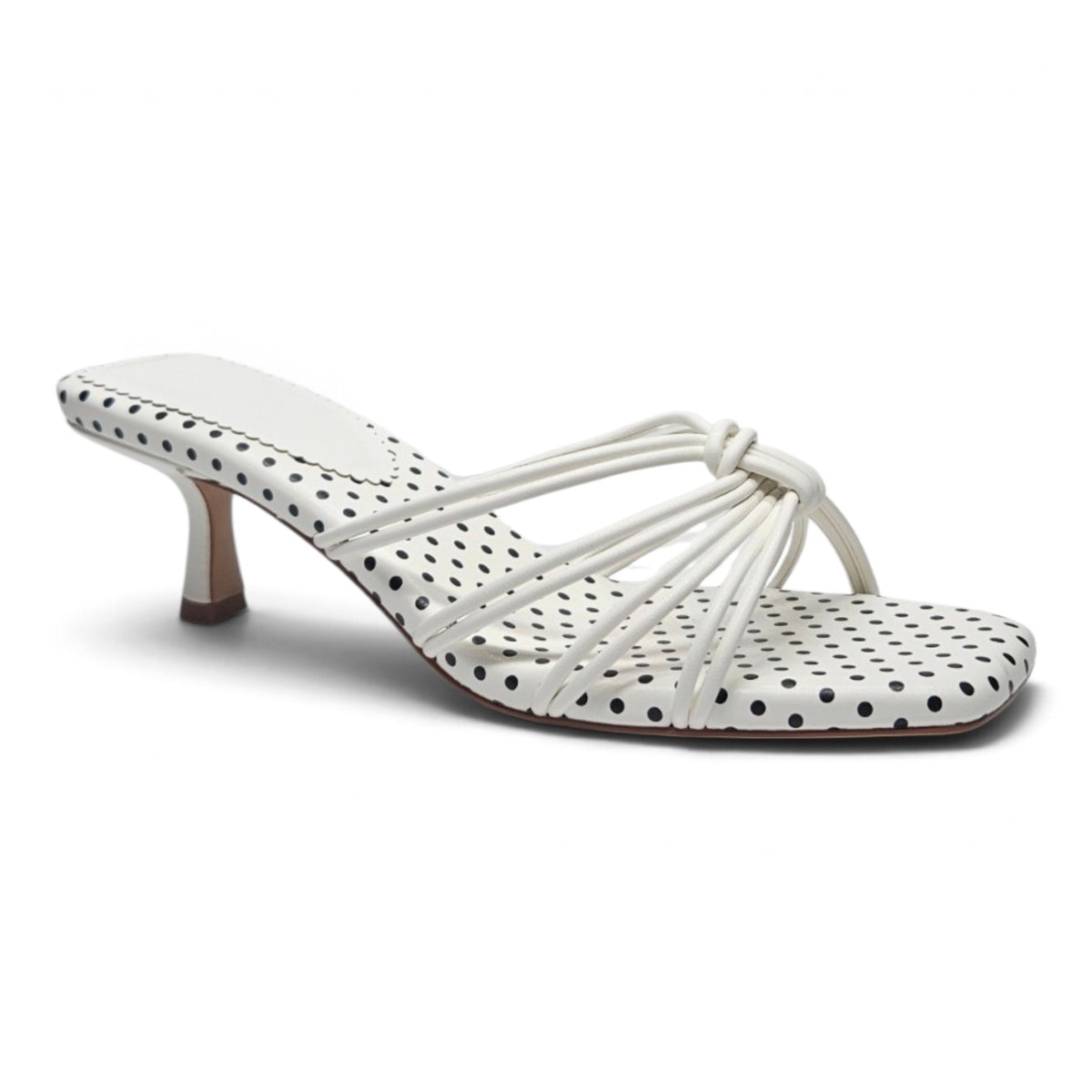 White polka dot strappy kitten heel sandal with knotted vamp and low heel