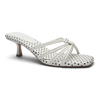 White polka dot strappy kitten heel sandal with knotted vamp and low heel