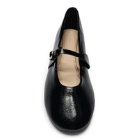 Black Mary Jane flats with top strap and buckle hardware, rounded toe