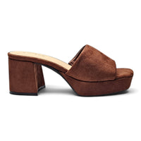 Brown suede platform mule sandal with chunky heel and side open-toe