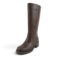 Brown tall boot with square toe, block heel, and side panel stitching