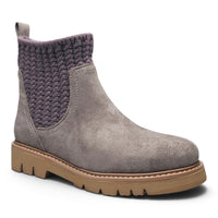 Grey suede knit-cuff bootie with side gore and treaded sole