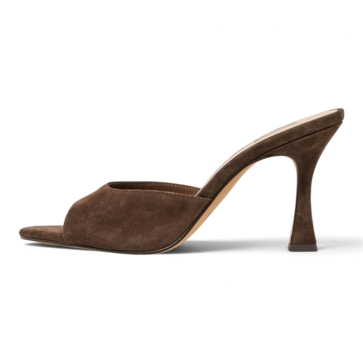 Brown suede heeled mule with pointed toe, open back, and tall block heel.
