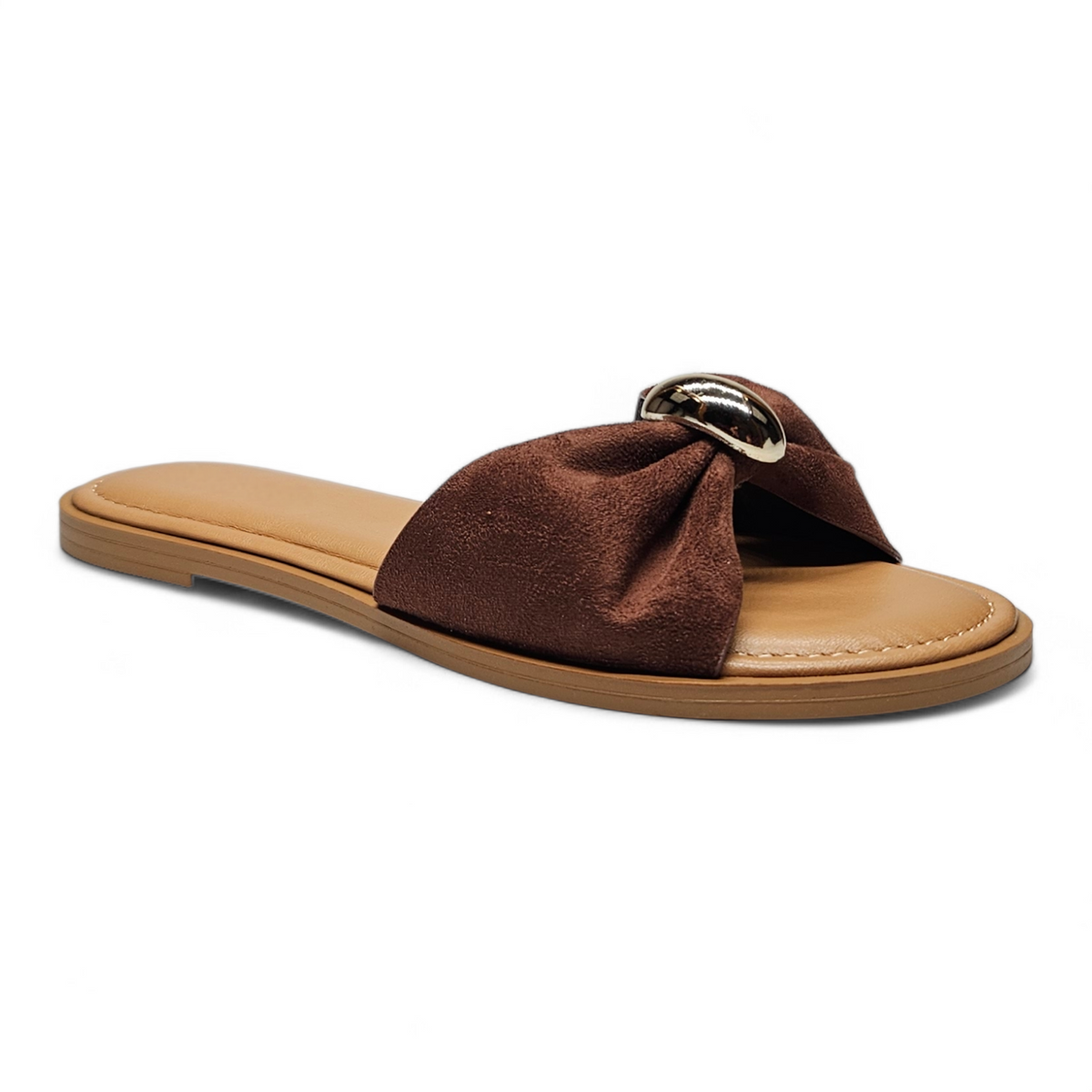 Brown womens gathered band slide sandal