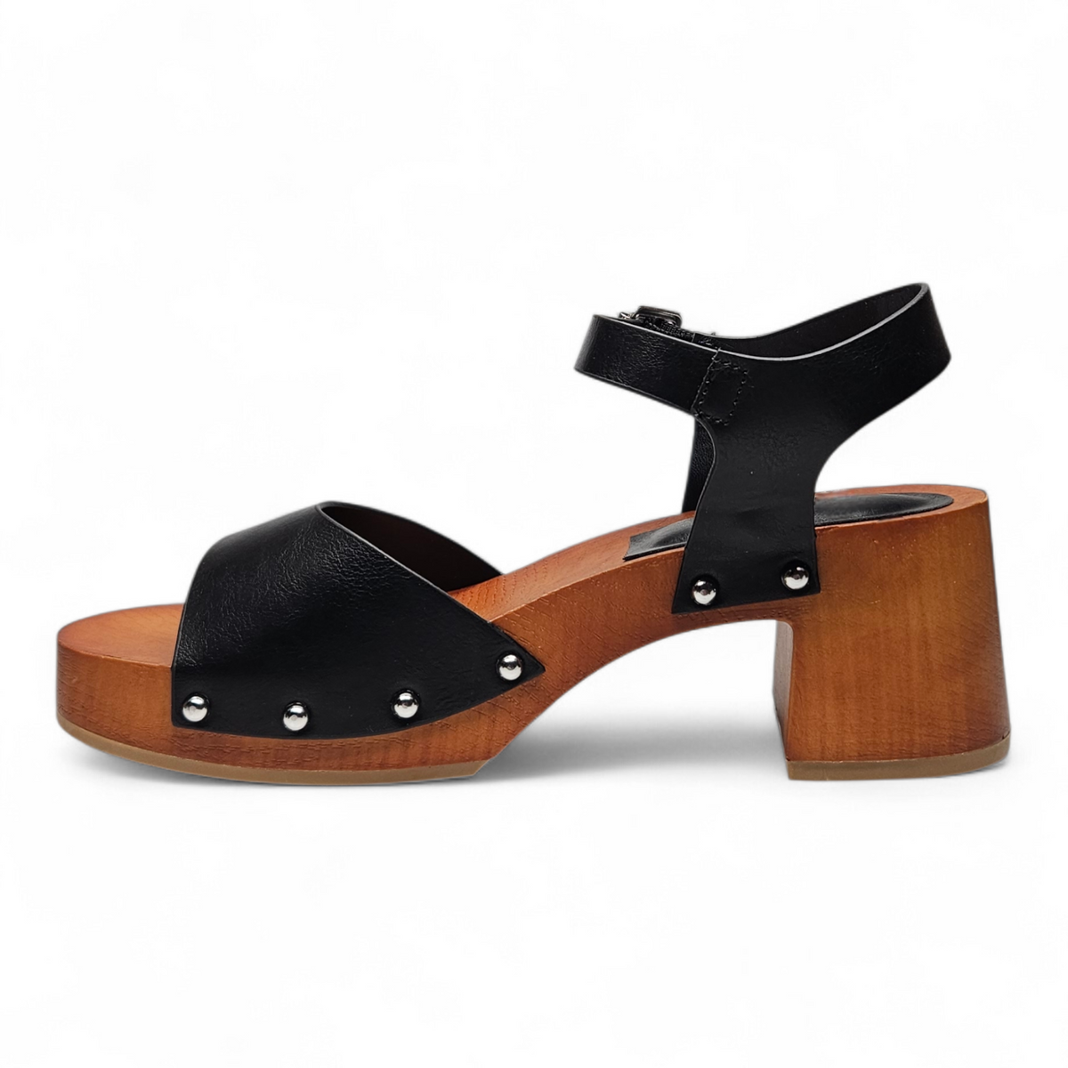 Black sandal with wooden sole on a white background