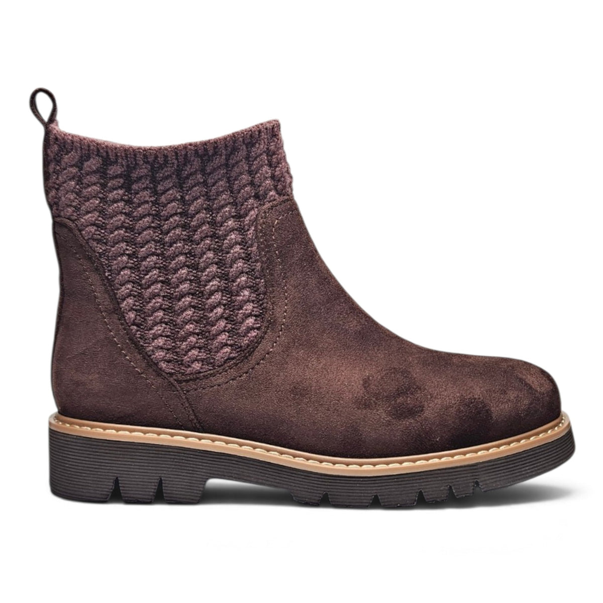 Chocolate suede Chelsea bootie with elastic gore, tan welt, and grippy tread sole