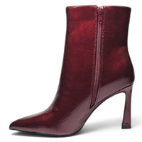 Burgundy pointed toe ankle boot with side zip and stiletto heel