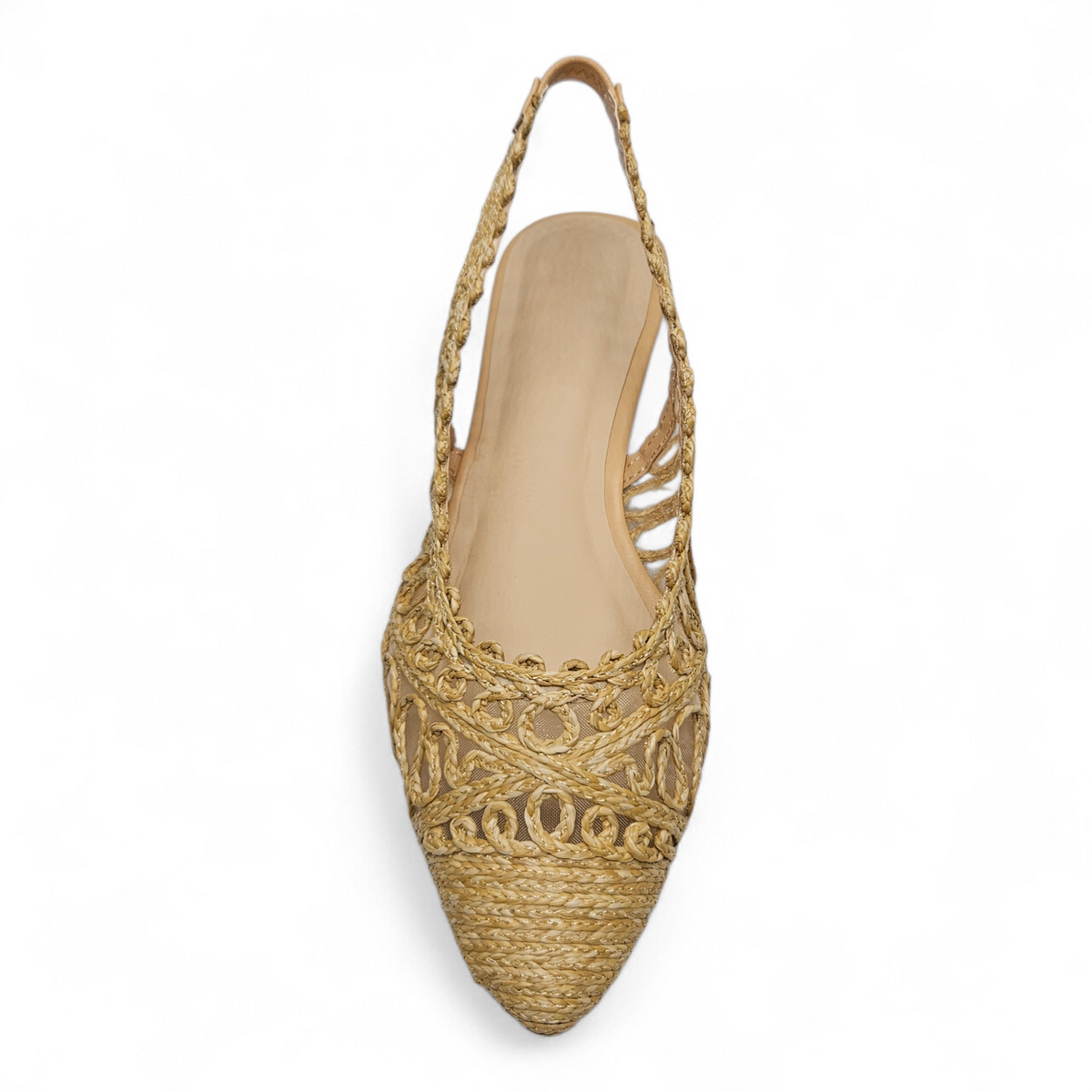 Beige woven flat shoe with slingback design on a white background