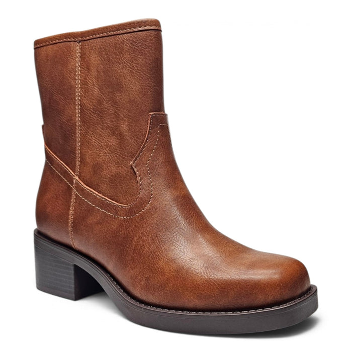 Western Stitch Mid-Calf Block Heel Booties - Cognac
