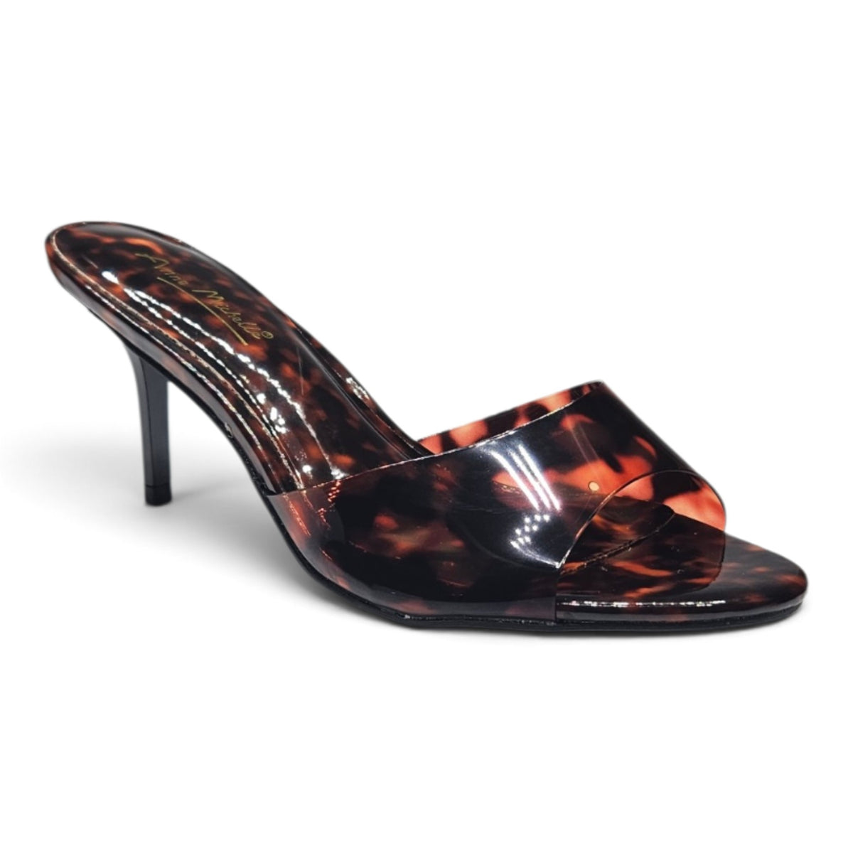 Tortoise-pattern open-toe mule heels with wide cross band, glossy, slim high heel
