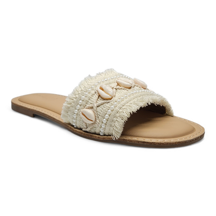 Coastal Shell Boho Slide Sandals - Beige