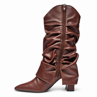 Chestnut fold-over western boots with pointed toe, side zipper, and block heel