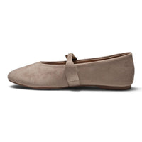Light taupe suede-look Mary Jane flats with top buckle strap and round toe