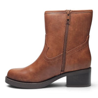 Cognac-brown mid-calf bootie with side zipper, western stitching, block heel.