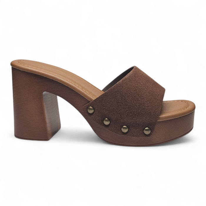 Boho Lightweight Studded Wooden Heel Mule - Brown