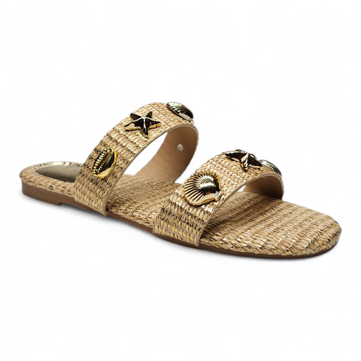 Woven sandal with decorative straps on a white background