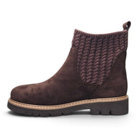 Chocolate suede ankle bootie with knit side panel, tan trim, and chunky tread sole