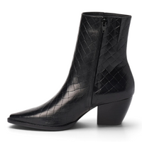 Black ankle bootie with side zipper, almond toe, and low block heel