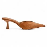 Brown suede Pointed Toe Mule Pump shoe on a white background