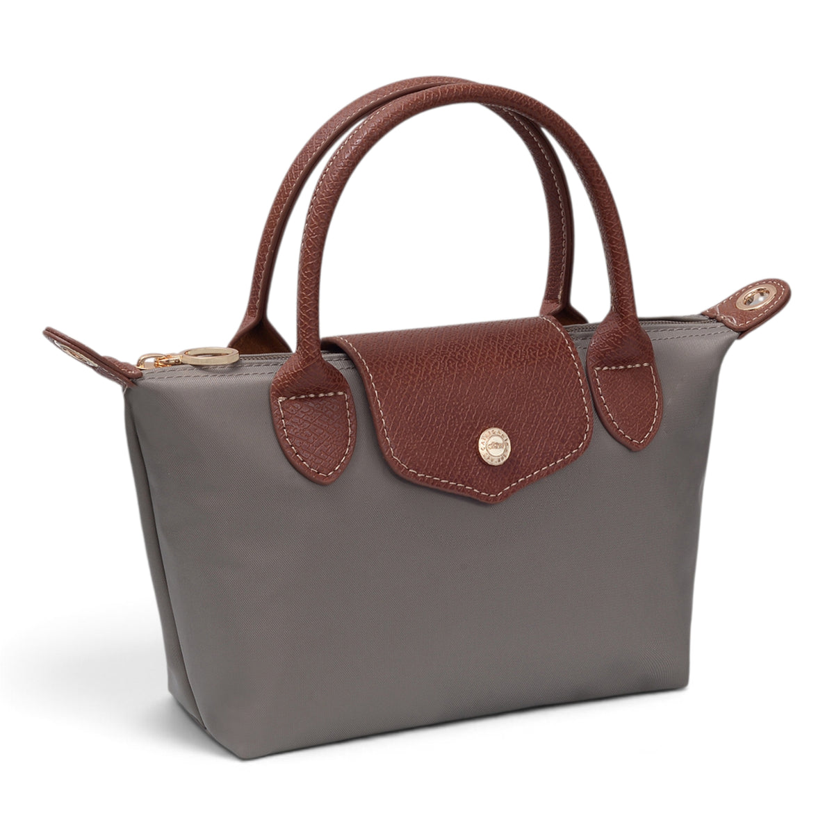 Medium luxe top handle crossbody bag in taupe with brown leather-look handles and zip top