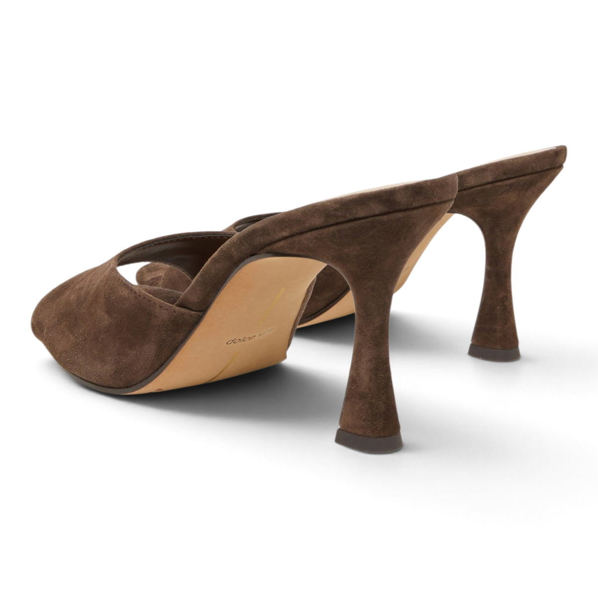 Brown suede heeled mule, open back and almond toe, tall block heel.