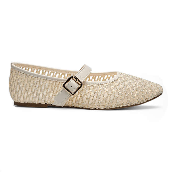 Beige woven flat shoe with a strap and buckle on a white background