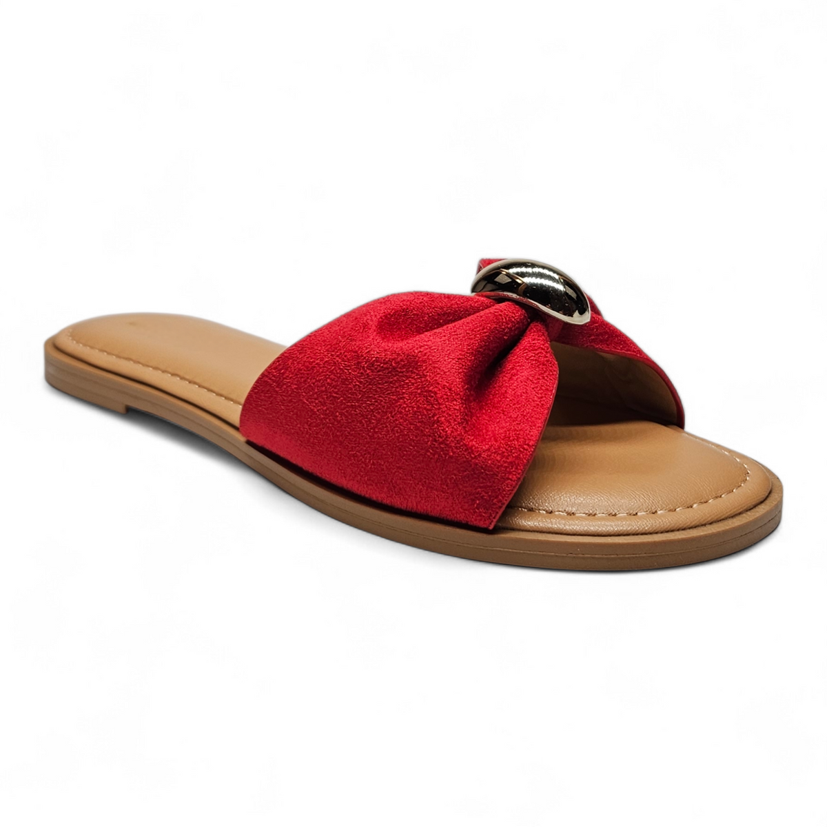 red womens gathered band With Ornament slide sandal