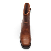 Brown mid-calf bootie with western stitching, block heel, side zipper.