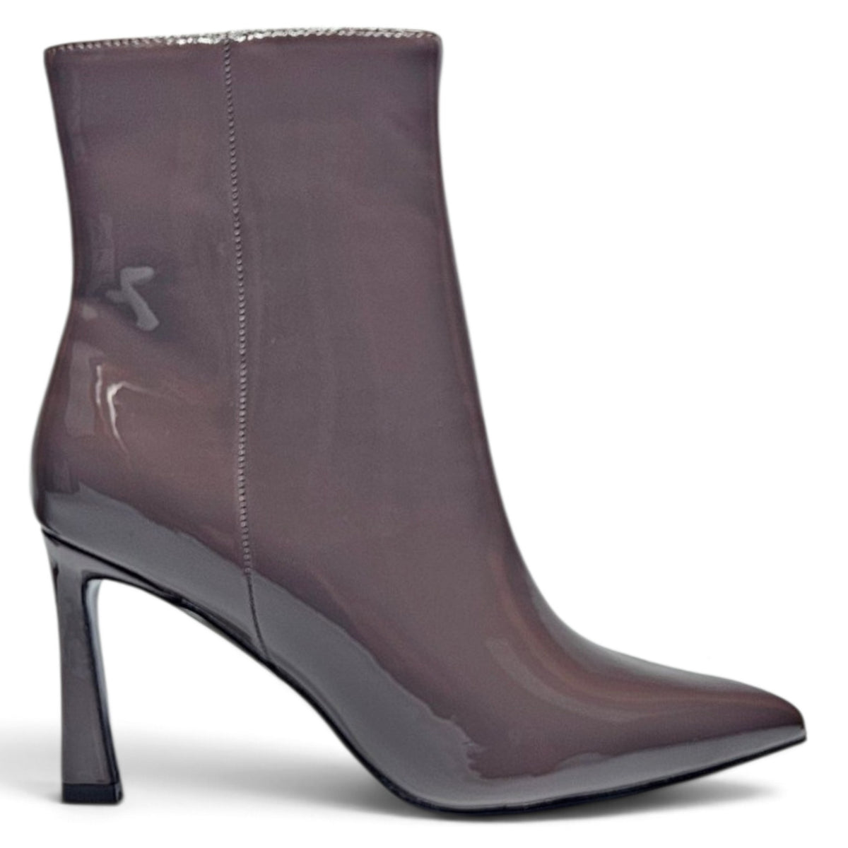 Dark brown pointed toe ankle boot with side zip and stiletto heel