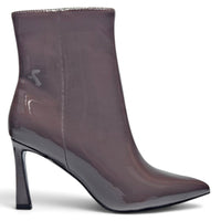 Dark brown pointed toe ankle boot with side zip and stiletto heel