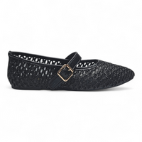 Black woven Mary Jane Flats shoe with a buckle on a white background
