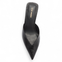 Black pointed-toe shoe with 'Steve Madden' branding on a white background