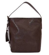 Brown leather handbag with a strap on a light gray background
