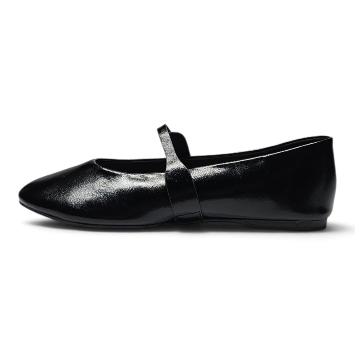 Black Mary Jane flats with glossy finish, top strap, and buckle hardware