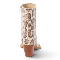 Natural multi snake ankle bootie back view with side pull tab and block heel