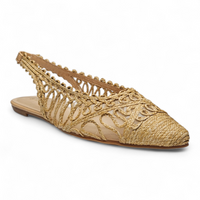 Beige woven flat shoe with slingback design on a white background