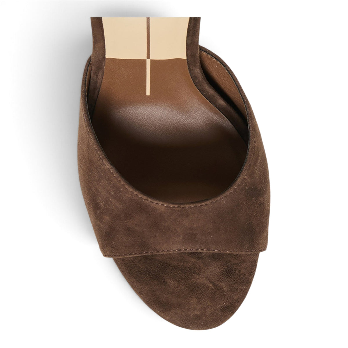 Brown suede heeled mule with open back and pointed toe, block heel.