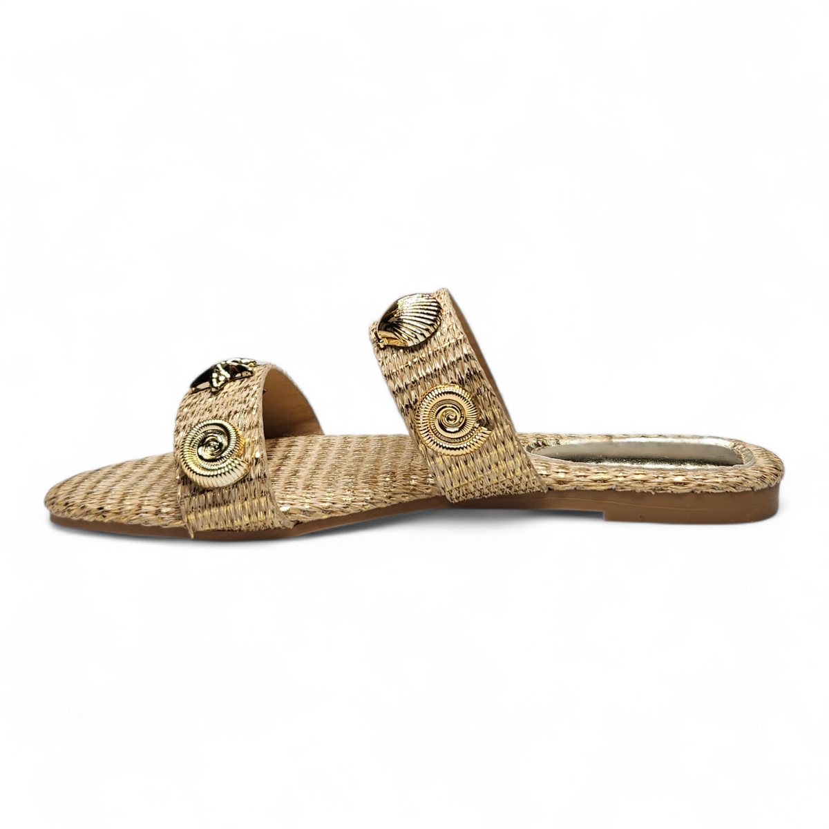 Woven sandal with decorative elements on a white background