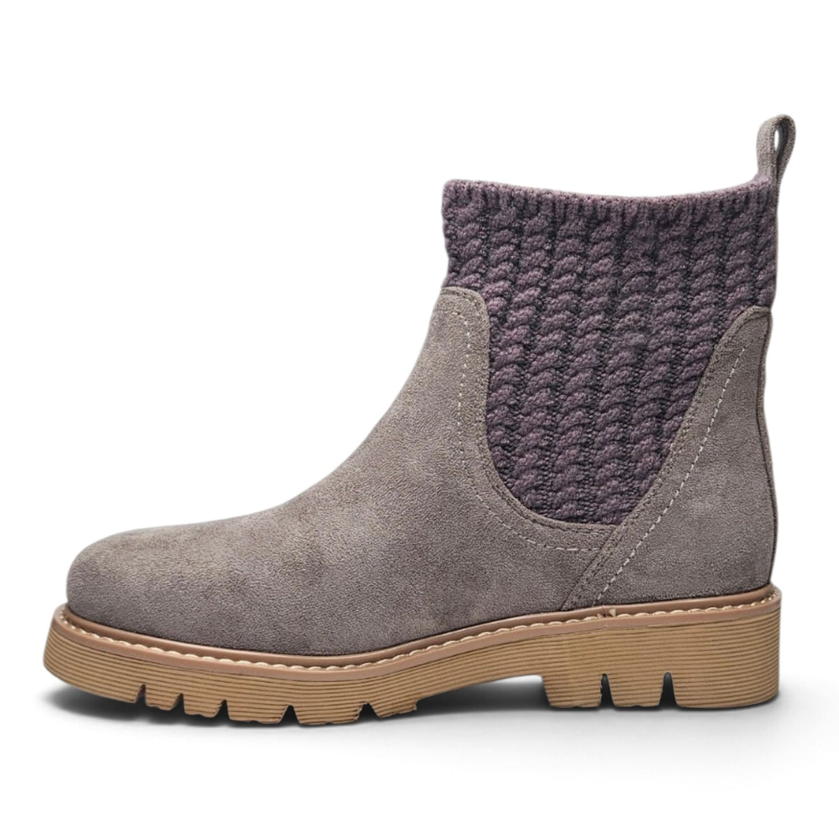 Grey suede ankle bootie with elastic side gore, tan trim, and ribbed sole