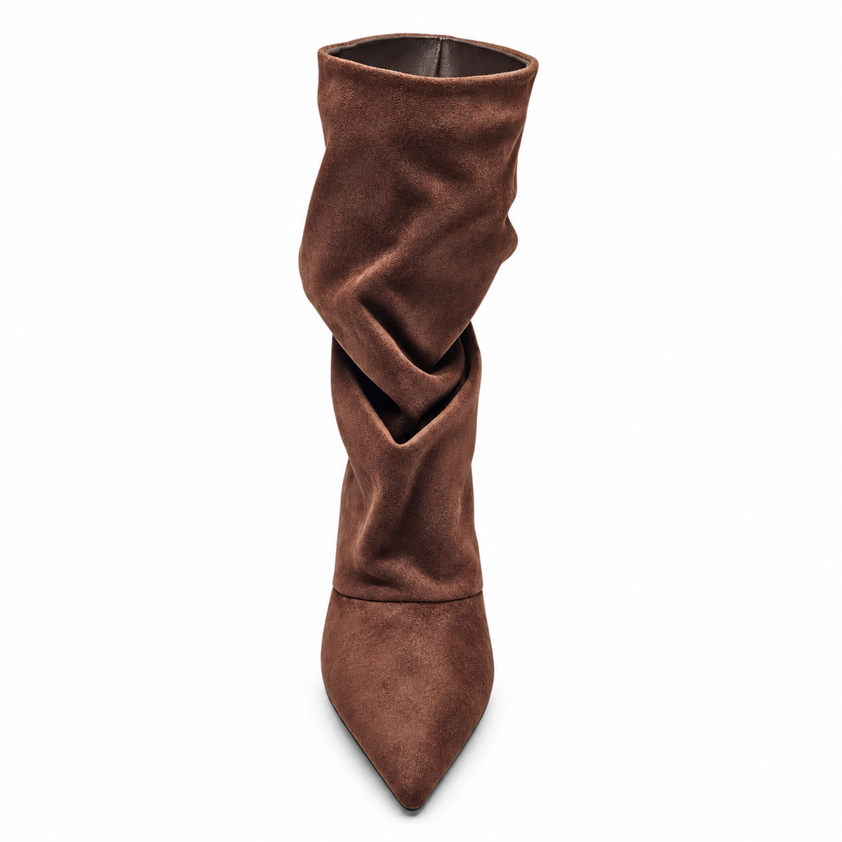 Brown suede slouch bootie with kitten heel and folded shaft