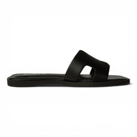 Black H-band slide sandals, open toe, flat sole with molded footbed